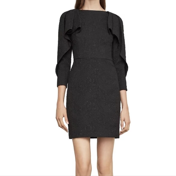 BCBGMaxAzria Dresses & Skirts - BCBG Max Azria sz 2 Draped Shoulder Black Dress Jacquard Knit 90s style